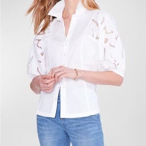 NIC + ZOE White Eyelet Puff Sleeve Button Down Blouse | Size M | Cotton Stretch